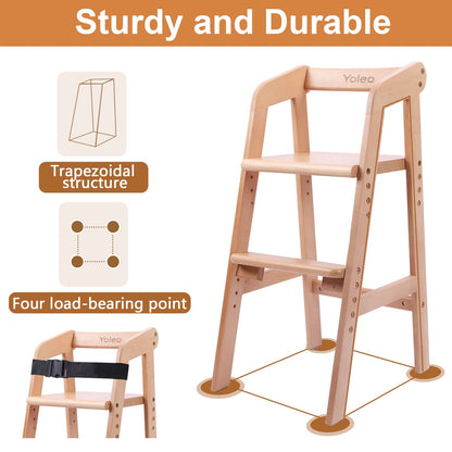Wooden High Chair for Toddlers, Adjustable Dining Feeding Chair with Removable Cushion for Child, High Chair Grows with Your Kid with Steps for Kids Dining, Studying, Step Tool(Nut-Brown)
