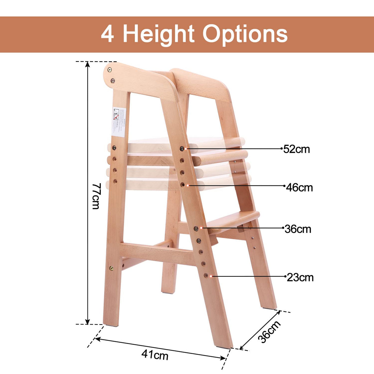 Wooden High Chair for Toddlers, Adjustable Dining Feeding Chair with Removable Cushion for Child, High Chair Grows with Your Kid with Steps for Kids Dining, Studying, Step Tool(Nut-Brown)