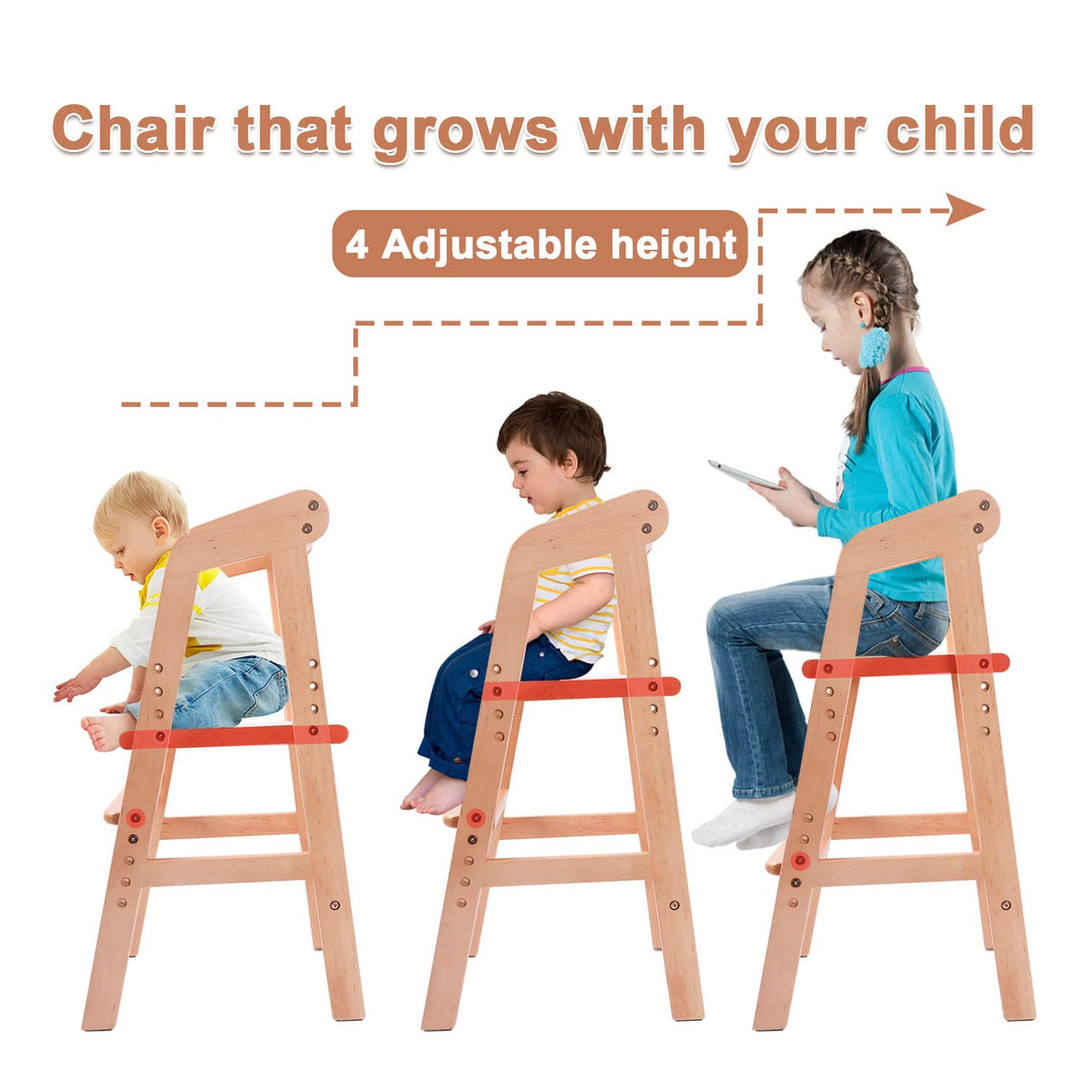 Wooden High Chair for Toddlers, Adjustable Dining Feeding Chair with Removable Cushion for Child, High Chair Grows with Your Kid with Steps for Kids Dining, Studying, Step Tool(Nut-Brown)