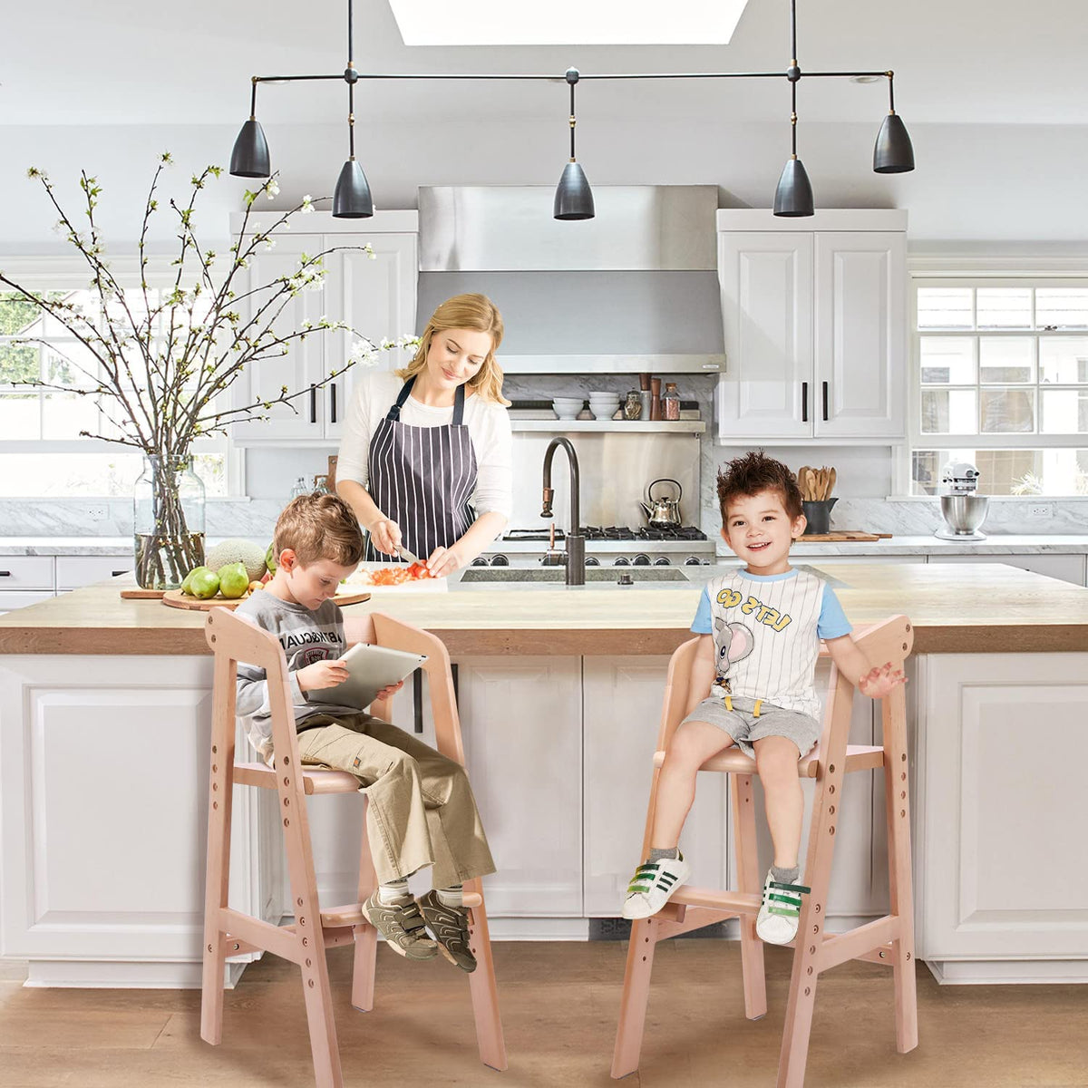 Wooden High Chair for Toddlers, Adjustable Dining Feeding Chair with Removable Cushion for Child, High Chair Grows with Your Kid with Steps for Kids Dining, Studying, Step Tool(Nut-Brown)