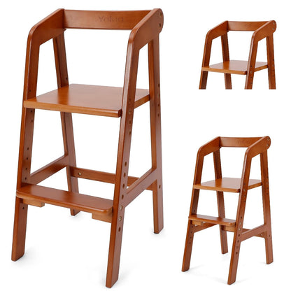 Wooden High Chair for Toddlers, Adjustable Dining Feeding Chair with Removable Cushion for Child, High Chair Grows with Your Kid with Steps for Kids Dining, Studying, Step Tool(Nut-Brown)