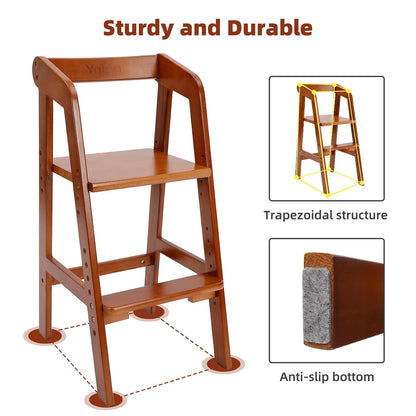 Wooden High Chair for Toddlers, Adjustable Dining Feeding Chair with Removable Cushion for Child, High Chair Grows with Your Kid with Steps for Kids Dining, Studying, Step Tool(Nut-Brown)