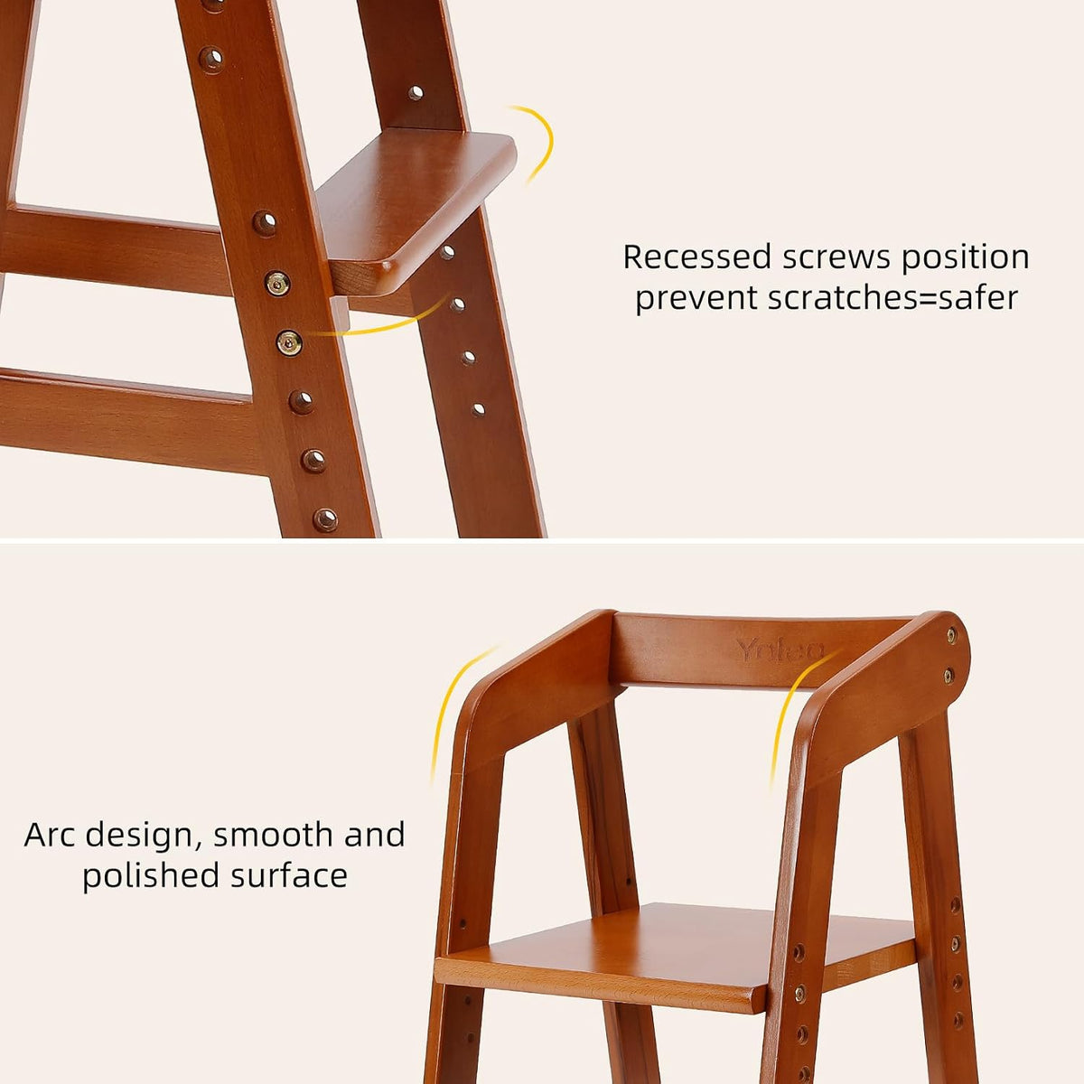 Wooden High Chair for Toddlers, Adjustable Dining Feeding Chair with Removable Cushion for Child, High Chair Grows with Your Kid with Steps for Kids Dining, Studying, Step Tool(Nut-Brown)
