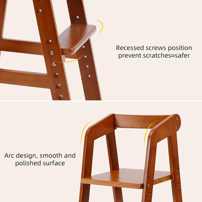 Wooden High Chair for Toddlers, Adjustable Dining Feeding Chair with Removable Cushion for Child, High Chair Grows with Your Kid with Steps for Kids Dining, Studying, Step Tool(Nut-Brown)