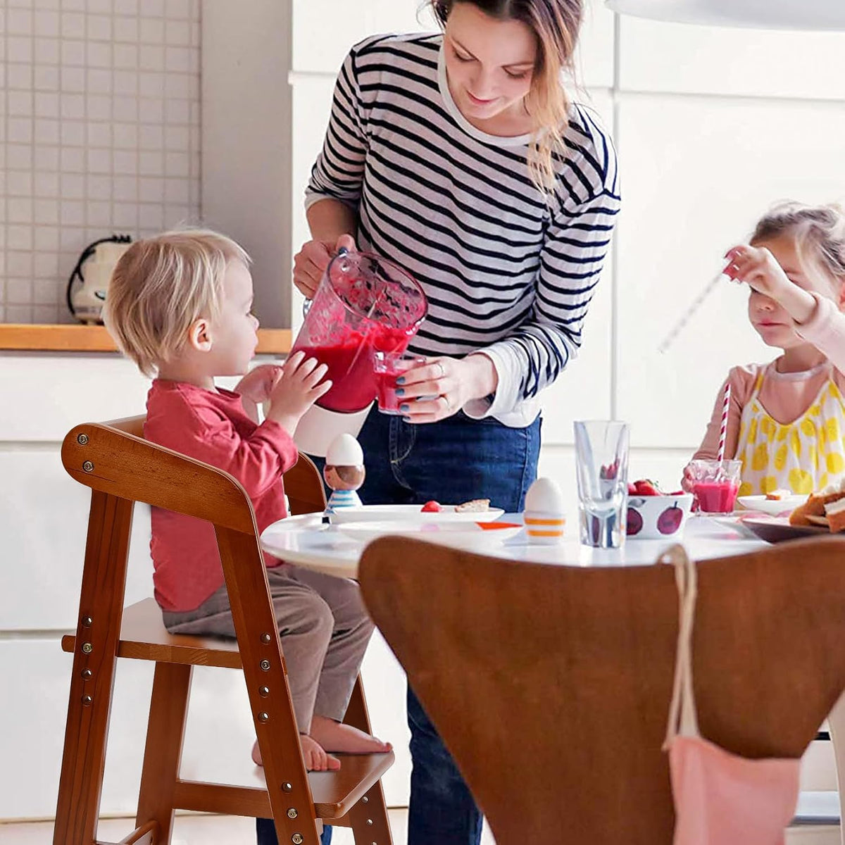 Wooden High Chair for Toddlers, Adjustable Dining Feeding Chair with Removable Cushion for Child, High Chair Grows with Your Kid with Steps for Kids Dining, Studying, Step Tool(Nut-Brown)