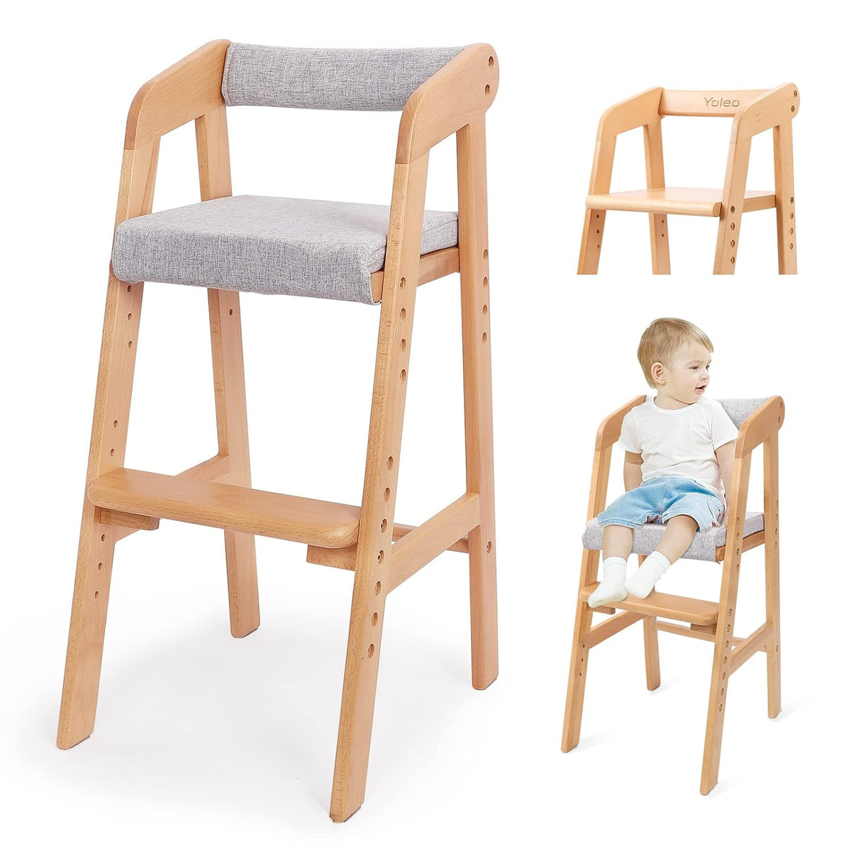 Wooden High Chair for Toddlers, Adjustable Dining Feeding Chair with Removable Cushion for Child, High Chair Grows with Your Kid with Steps for Kids Dining, Studying, Step Tool(Nut-Brown)