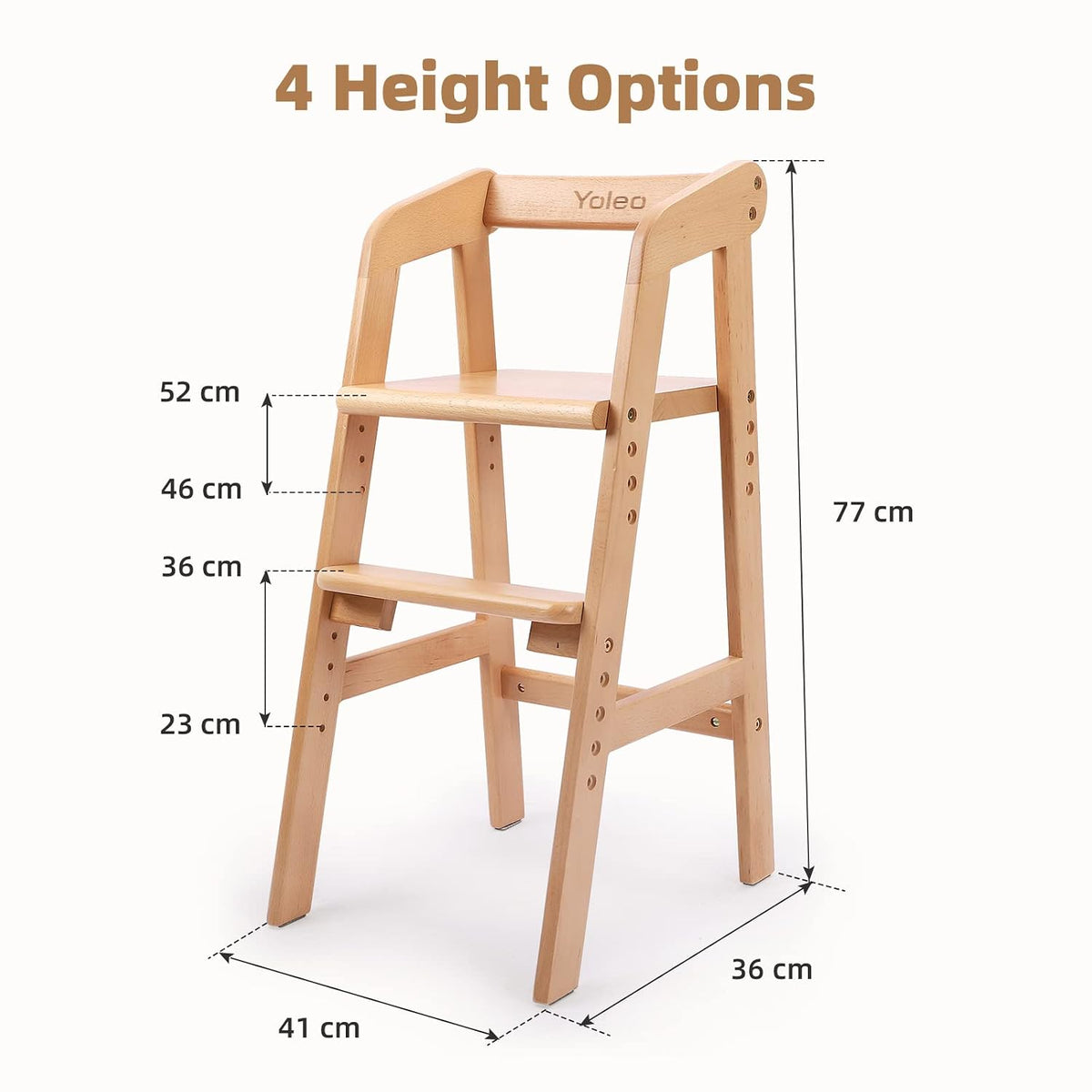 Wooden High Chair for Toddlers, Adjustable Dining Feeding Chair with Removable Cushion for Child, High Chair Grows with Your Kid with Steps for Kids Dining, Studying, Step Tool(Nut-Brown)
