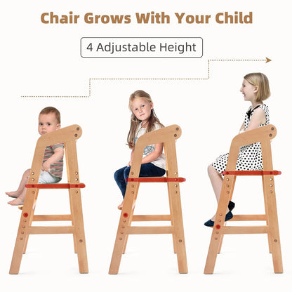 Wooden High Chair for Toddlers, Adjustable Dining Feeding Chair with Removable Cushion for Child, High Chair Grows with Your Kid with Steps for Kids Dining, Studying, Step Tool(Nut-Brown)