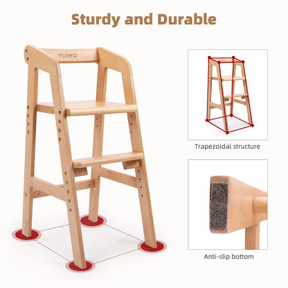 Wooden High Chair for Toddlers, Adjustable Dining Feeding Chair with Removable Cushion for Child, High Chair Grows with Your Kid with Steps for Kids Dining, Studying, Step Tool(Nut-Brown)