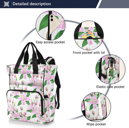 Diaper Bag Backpack, Multifunction Travel Bag for Moms Dads, Baby Changing Bag with Insulted Pockets, Stroller Straps and Side Bottle Pockets Blush Lily Pattern