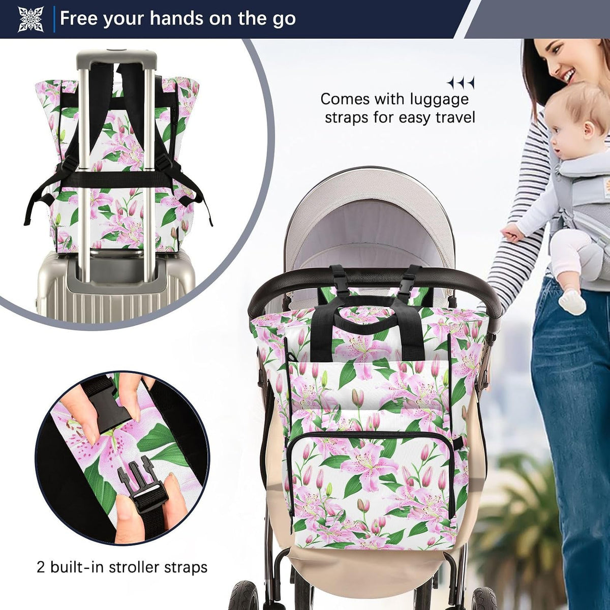 Diaper Bag Backpack, Multifunction Travel Bag for Moms Dads, Baby Changing Bag with Insulted Pockets, Stroller Straps and Side Bottle Pockets Blush Lily Pattern