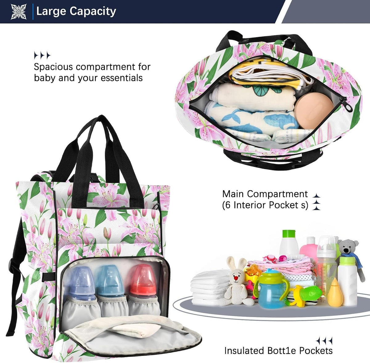 Diaper Bag Backpack, Multifunction Travel Bag for Moms Dads, Baby Changing Bag with Insulted Pockets, Stroller Straps and Side Bottle Pockets Blush Lily Pattern
