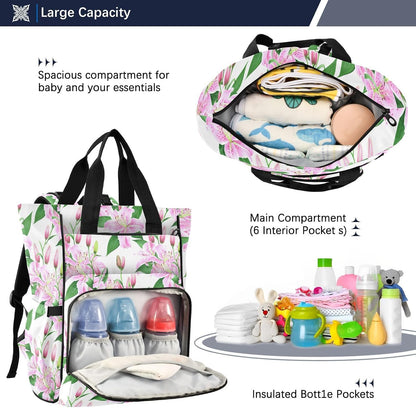 Diaper Bag Backpack, Multifunction Travel Bag for Moms Dads, Baby Changing Bag with Insulted Pockets, Stroller Straps and Side Bottle Pockets Blush Lily Pattern