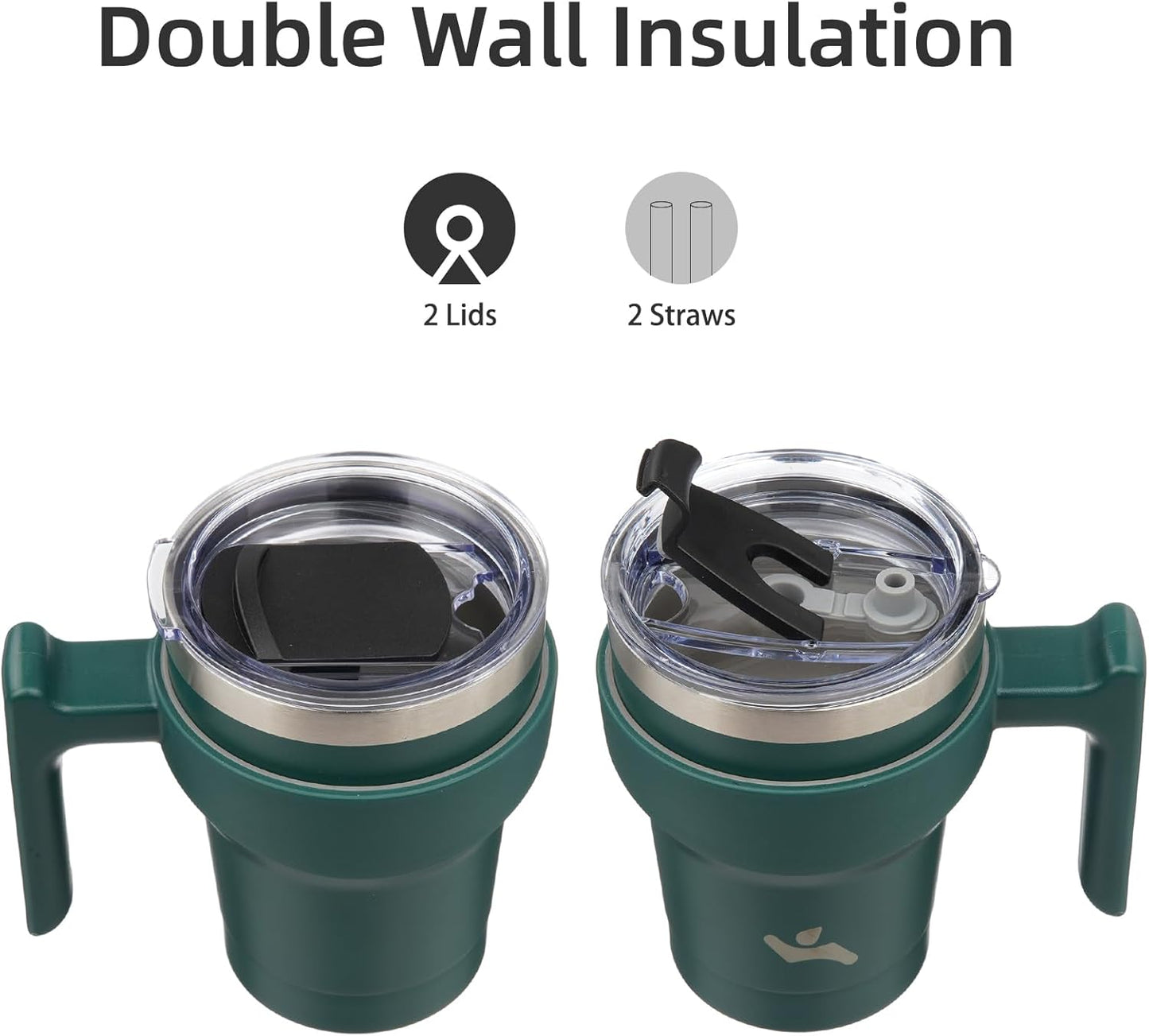 20 oz Tumbler with Handle and Straw, Insulated Travel Mug | Gum; BPA-free, leak-proof tumbler with 2 lids, 2 straws, cup holder fit for coffee, office, travel & daily use