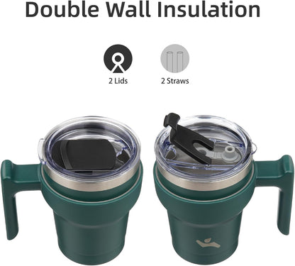 20 oz Tumbler with Handle and Straw, Insulated Travel Mug | Gum; BPA-free, leak-proof tumbler with 2 lids, 2 straws, cup holder fit for coffee, office, travel & daily use