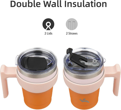 20 oz Tumbler with Handle and Straw, Insulated Travel Mug | Gum; BPA-free, leak-proof tumbler with 2 lids, 2 straws, cup holder fit for coffee, office, travel & daily use