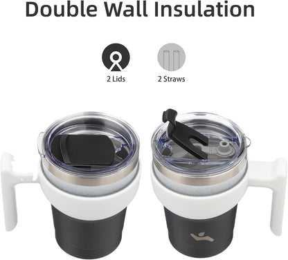 20 oz Tumbler with Handle and Straw, Insulated Travel Mug | Gum; BPA-free, leak-proof tumbler with 2 lids, 2 straws, cup holder fit for coffee, office, travel & daily use