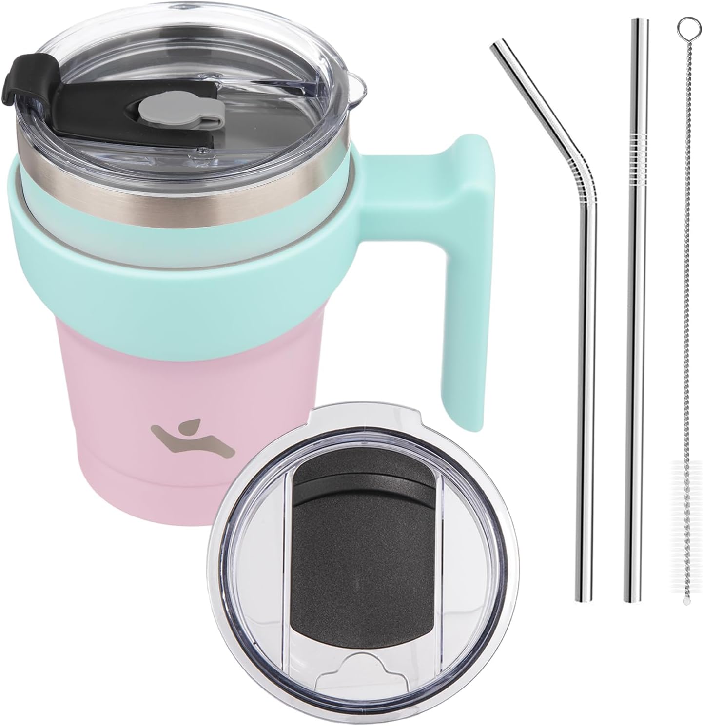20 oz Tumbler with Handle and Straw, Insulated Travel Mug | Gum; BPA-free, leak-proof tumbler with 2 lids, 2 straws, cup holder fit for coffee, office, travel & daily use