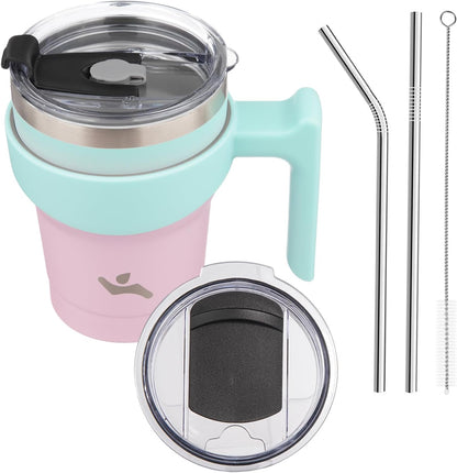 20 oz Tumbler with Handle and Straw, Insulated Travel Mug | Gum; BPA-free, leak-proof tumbler with 2 lids, 2 straws, cup holder fit for coffee, office, travel & daily use