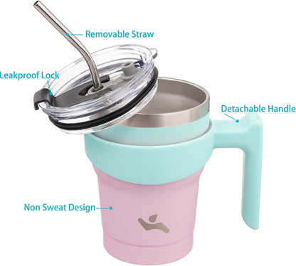 20 oz Tumbler with Handle and Straw, Insulated Travel Mug | Gum; BPA-free, leak-proof tumbler with 2 lids, 2 straws, cup holder fit for coffee, office, travel & daily use