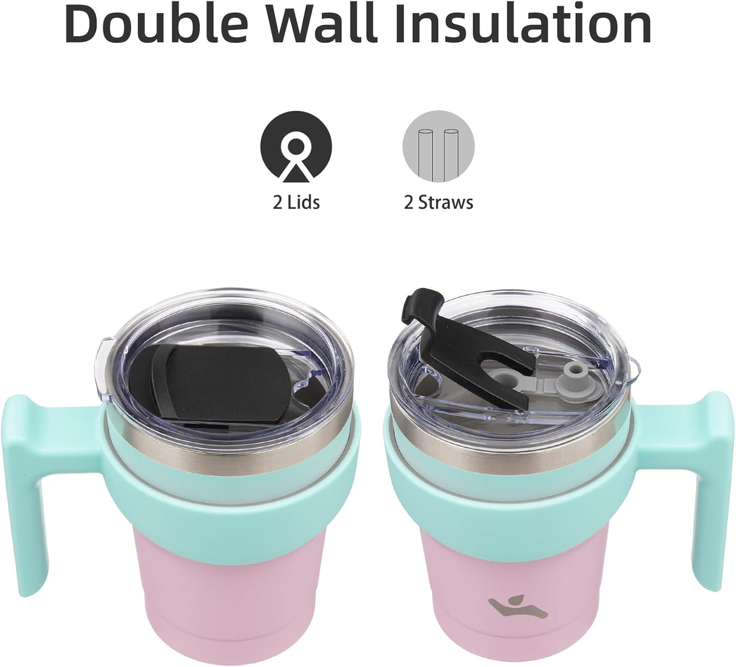 20 oz Tumbler with Handle and Straw, Insulated Travel Mug | Gum; BPA-free, leak-proof tumbler with 2 lids, 2 straws, cup holder fit for coffee, office, travel & daily use
