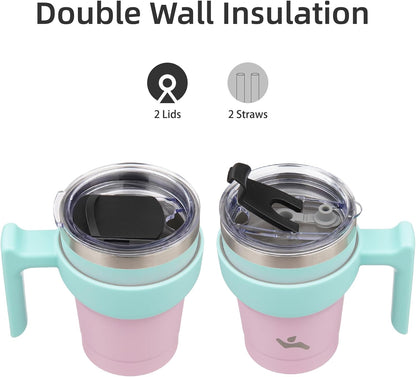 20 oz Tumbler with Handle and Straw, Insulated Travel Mug | Gum; BPA-free, leak-proof tumbler with 2 lids, 2 straws, cup holder fit for coffee, office, travel & daily use