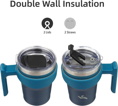 20 oz Tumbler with Handle and Straw, Insulated Travel Mug | Gum; BPA-free, leak-proof tumbler with 2 lids, 2 straws, cup holder fit for coffee, office, travel & daily use