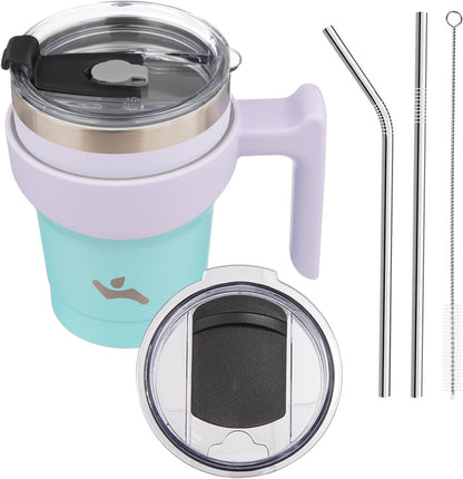20 oz Tumbler with Handle and Straw, Insulated Travel Mug | Gum; BPA-free, leak-proof tumbler with 2 lids, 2 straws, cup holder fit for coffee, office, travel & daily use