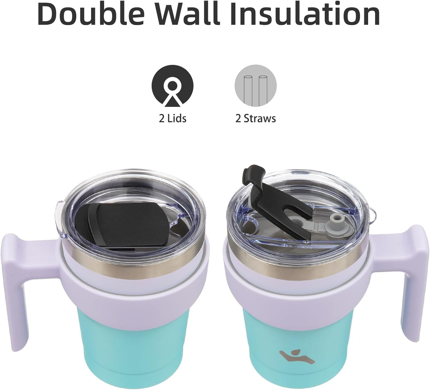 20 oz Tumbler with Handle and Straw, Insulated Travel Mug | Gum; BPA-free, leak-proof tumbler with 2 lids, 2 straws, cup holder fit for coffee, office, travel & daily use
