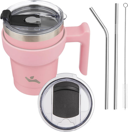 20 oz Tumbler with Handle and Straw, Insulated Travel Mug | Gum; BPA-free, leak-proof tumbler with 2 lids, 2 straws, cup holder fit for coffee, office, travel & daily use