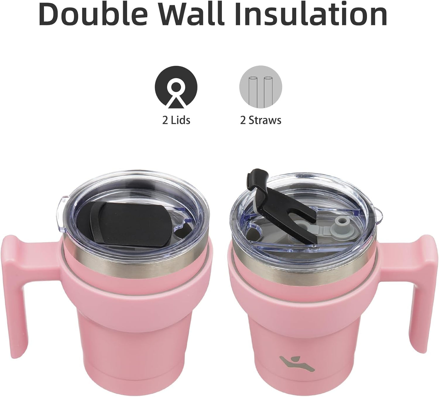 20 oz Tumbler with Handle and Straw, Insulated Travel Mug | Gum; BPA-free, leak-proof tumbler with 2 lids, 2 straws, cup holder fit for coffee, office, travel & daily use