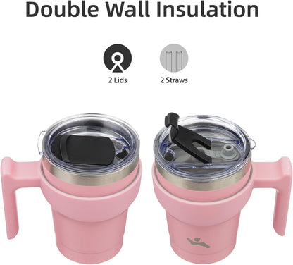 20 oz Tumbler with Handle and Straw, Insulated Travel Mug | Gum; BPA-free, leak-proof tumbler with 2 lids, 2 straws, cup holder fit for coffee, office, travel & daily use