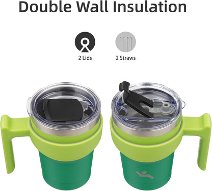 20 oz Tumbler with Handle and Straw, Insulated Travel Mug | Gum; BPA-free, leak-proof tumbler with 2 lids, 2 straws, cup holder fit for coffee, office, travel & daily use