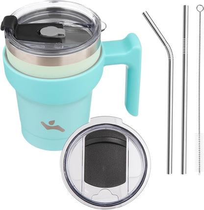 20 oz Tumbler with Handle and Straw, Insulated Travel Mug | Gum; BPA-free, leak-proof tumbler with 2 lids, 2 straws, cup holder fit for coffee, office, travel & daily use