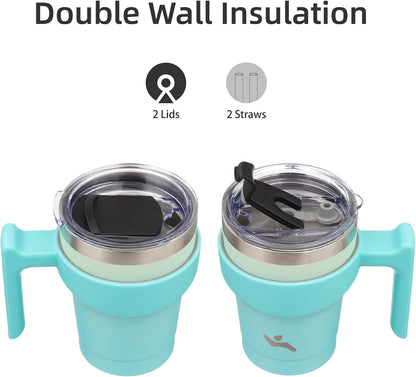 20 oz Tumbler with Handle and Straw, Insulated Travel Mug | Gum; BPA-free, leak-proof tumbler with 2 lids, 2 straws, cup holder fit for coffee, office, travel & daily use