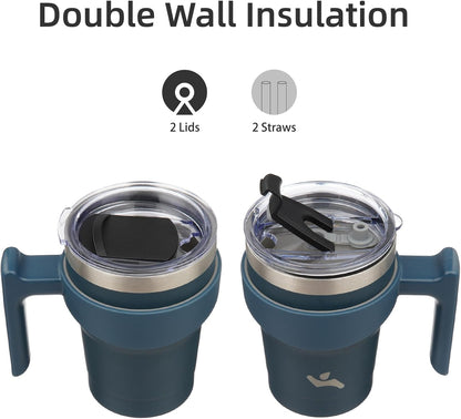 20 oz Tumbler with Handle and Straw, Insulated Travel Mug | Gum; BPA-free, leak-proof tumbler with 2 lids, 2 straws, cup holder fit for coffee, office, travel & daily use