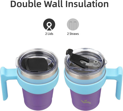 20 oz Tumbler with Handle and Straw, Insulated Travel Mug | Gum; BPA-free, leak-proof tumbler with 2 lids, 2 straws, cup holder fit for coffee, office, travel & daily use