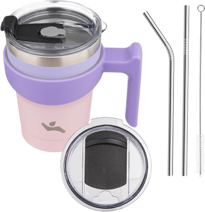 20 oz Tumbler with Handle and Straw, Insulated Travel Mug | Gum; BPA-free, leak-proof tumbler with 2 lids, 2 straws, cup holder fit for coffee, office, travel & daily use