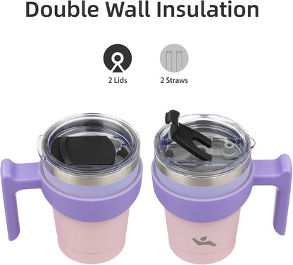 20 oz Tumbler with Handle and Straw, Insulated Travel Mug | Gum; BPA-free, leak-proof tumbler with 2 lids, 2 straws, cup holder fit for coffee, office, travel & daily use