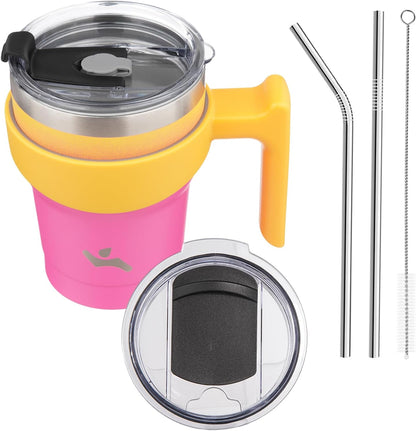 20 oz Tumbler with Handle and Straw, Insulated Travel Mug | Gum; BPA-free, leak-proof tumbler with 2 lids, 2 straws, cup holder fit for coffee, office, travel & daily use