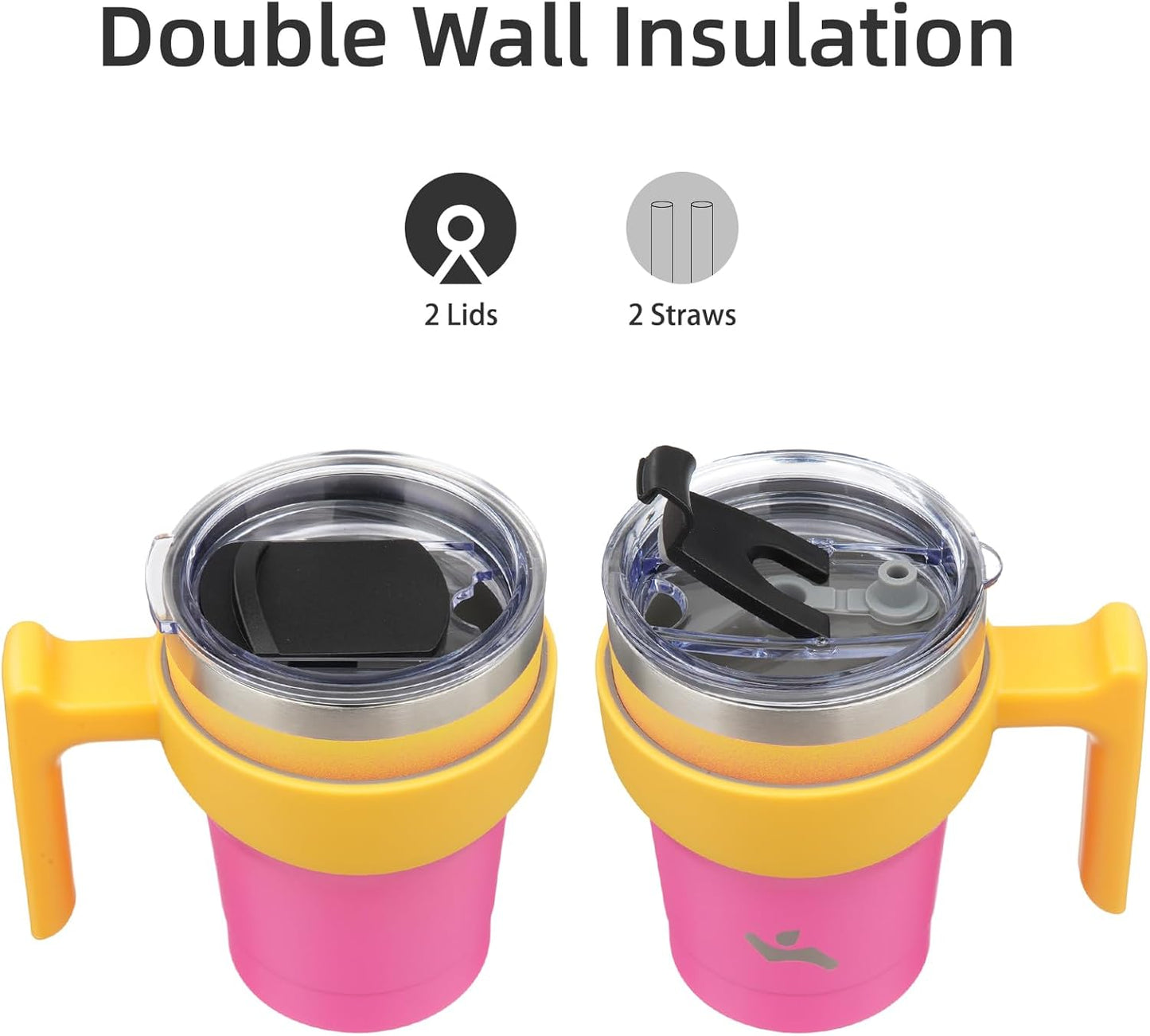 20 oz Tumbler with Handle and Straw, Insulated Travel Mug | Gum; BPA-free, leak-proof tumbler with 2 lids, 2 straws, cup holder fit for coffee, office, travel & daily use