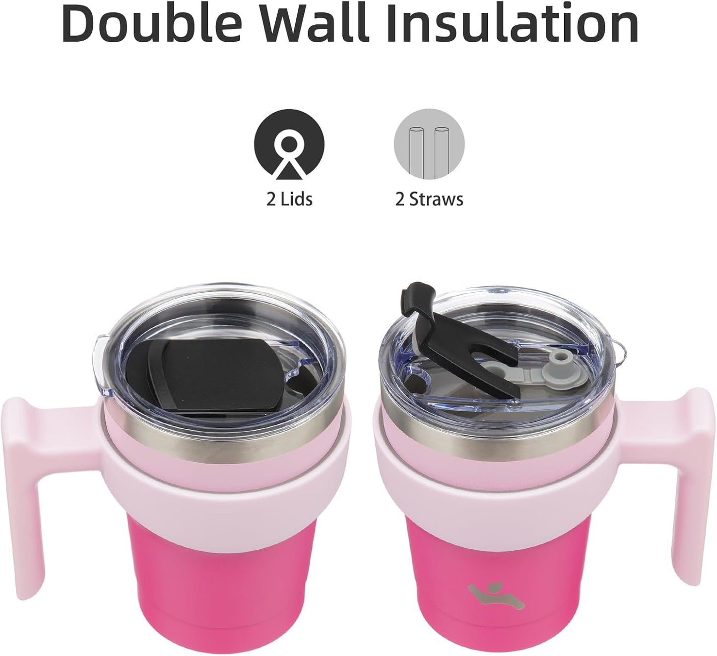 20 oz Tumbler with Handle and Straw, Insulated Travel Mug | Gum; BPA-free, leak-proof tumbler with 2 lids, 2 straws, cup holder fit for coffee, office, travel & daily use