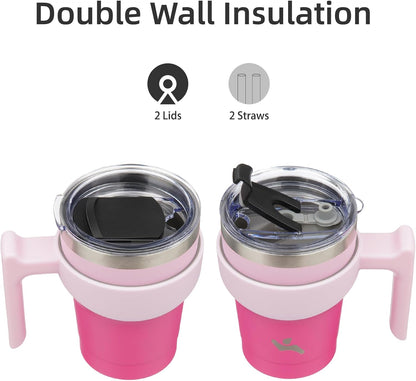 20 oz Tumbler with Handle and Straw, Insulated Travel Mug | Gum; BPA-free, leak-proof tumbler with 2 lids, 2 straws, cup holder fit for coffee, office, travel & daily use
