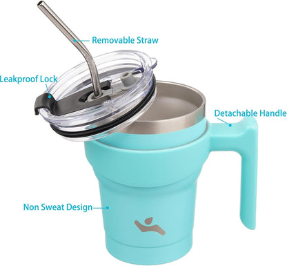 20 oz Tumbler with Handle and Straw, Insulated Travel Mug | Gum; BPA-free, leak-proof tumbler with 2 lids, 2 straws, cup holder fit for coffee, office, travel & daily use
