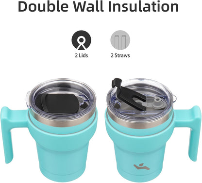 20 oz Tumbler with Handle and Straw, Insulated Travel Mug | Gum; BPA-free, leak-proof tumbler with 2 lids, 2 straws, cup holder fit for coffee, office, travel & daily use