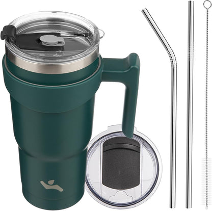 20 oz Tumbler with Handle and Straw, Insulated Travel Mug | Gum; BPA-free, leak-proof tumbler with 2 lids, 2 straws, cup holder fit for coffee, office, travel & daily use