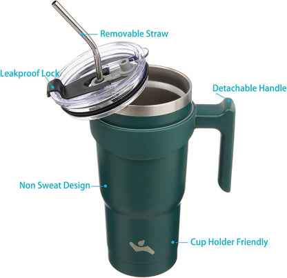 20 oz Tumbler with Handle and Straw, Insulated Travel Mug | Gum; BPA-free, leak-proof tumbler with 2 lids, 2 straws, cup holder fit for coffee, office, travel & daily use