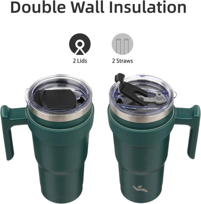 20 oz Tumbler with Handle and Straw, Insulated Travel Mug | Gum; BPA-free, leak-proof tumbler with 2 lids, 2 straws, cup holder fit for coffee, office, travel & daily use