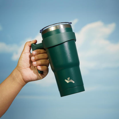 20 oz Tumbler with Handle and Straw, Insulated Travel Mug | Gum; BPA-free, leak-proof tumbler with 2 lids, 2 straws, cup holder fit for coffee, office, travel & daily use