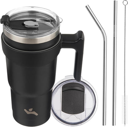 20 oz Tumbler with Handle and Straw, Insulated Travel Mug | Gum; BPA-free, leak-proof tumbler with 2 lids, 2 straws, cup holder fit for coffee, office, travel & daily use